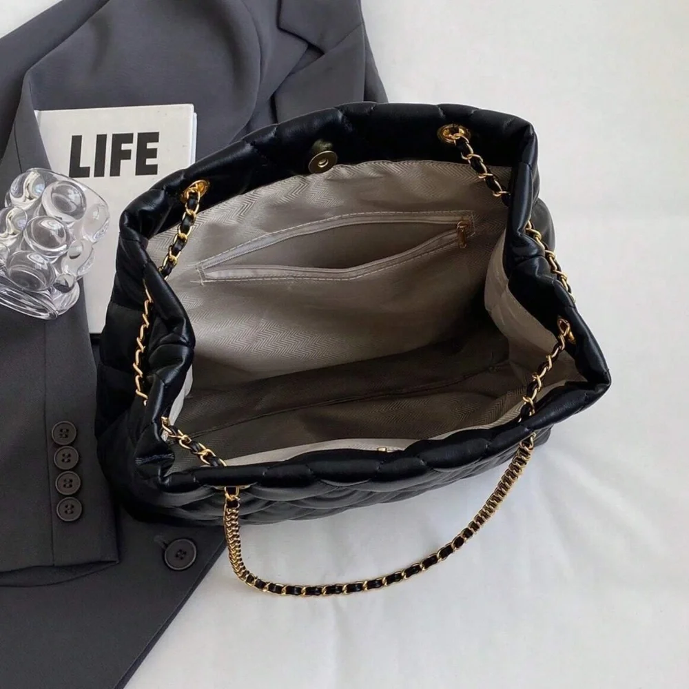 Luxe Black Vegan Leather Quilted Gold Tone chain Large Shoulder Bag - Picture 6 of 7